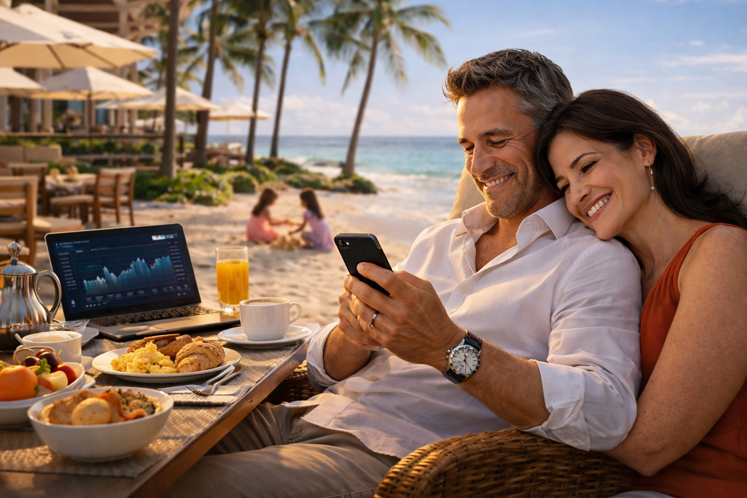 CEO tomando café con tranquilidad analizando datos estratégicos